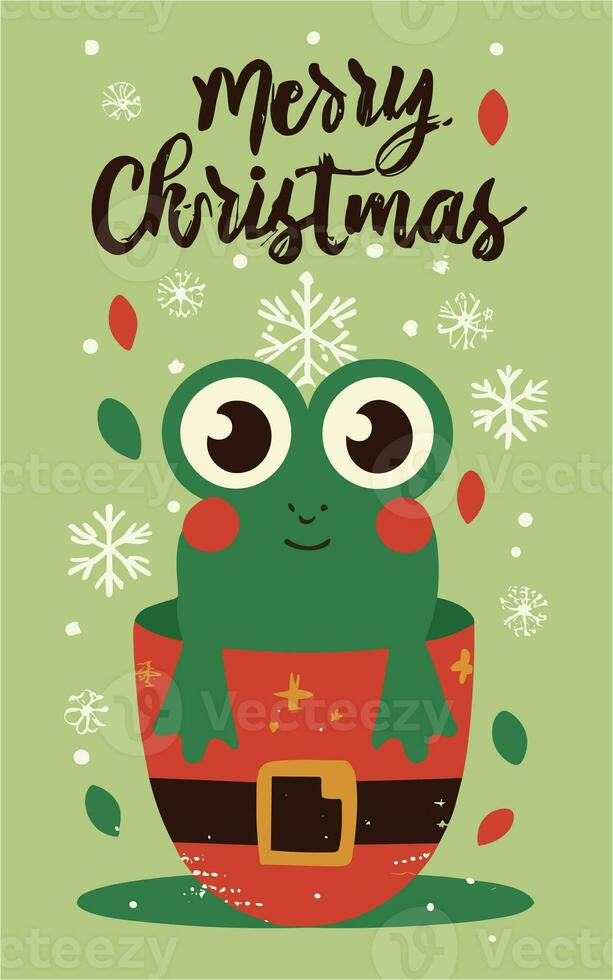 frog wearing red santa hat christmas graphic with merry christmas lettering photo