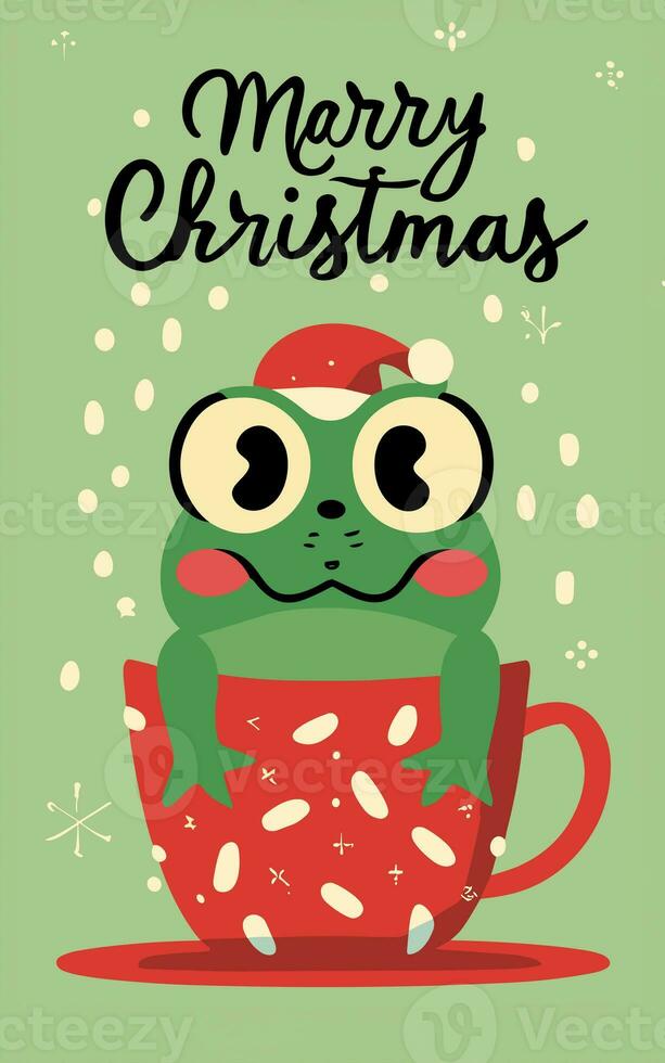 frog wearing red santa hat christmas graphic with merry christmas lettering photo