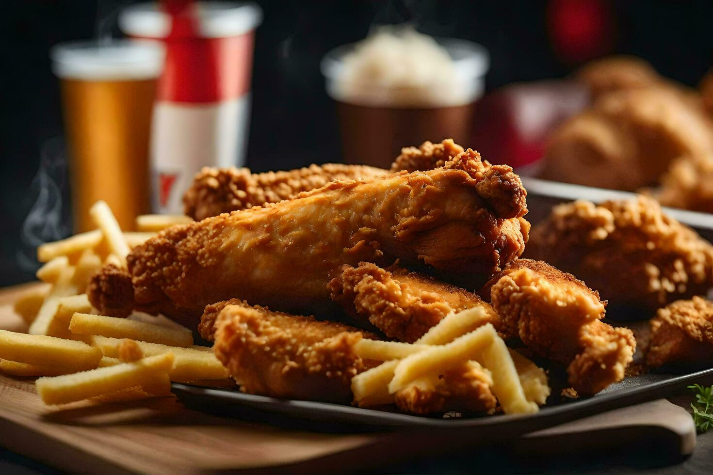 fried chicken and french fries on a wooden tray. AI-Generated photo