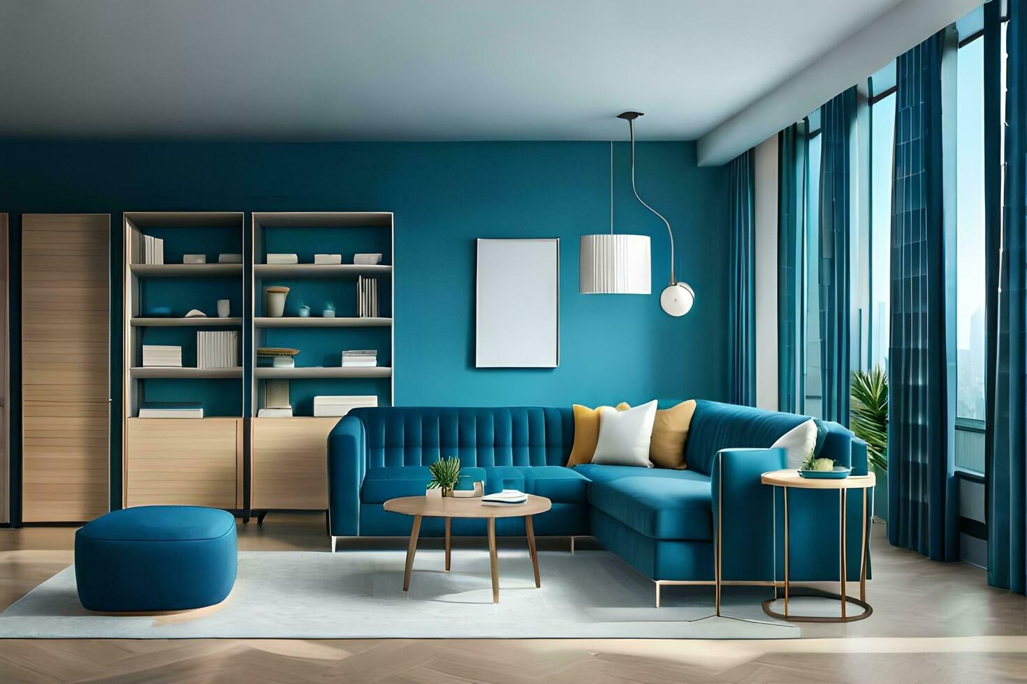 a blue living room with a couch, coffee table and bookshelf. AI-Generated photo