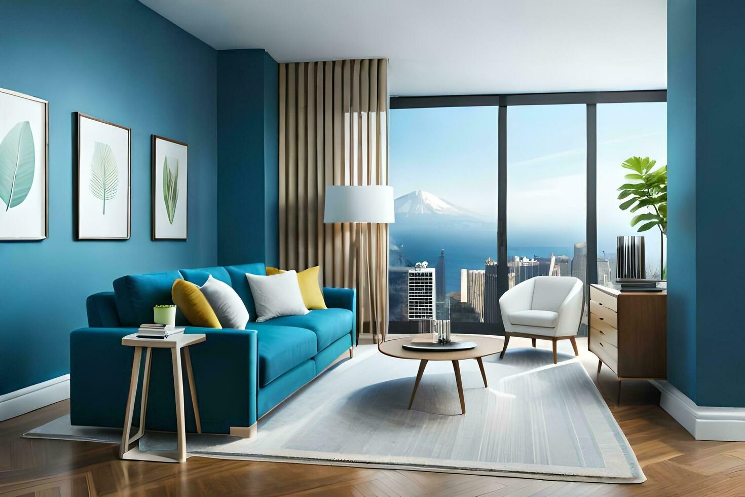 a modern living room with blue walls and a view of mt fuji. AI-Generated photo