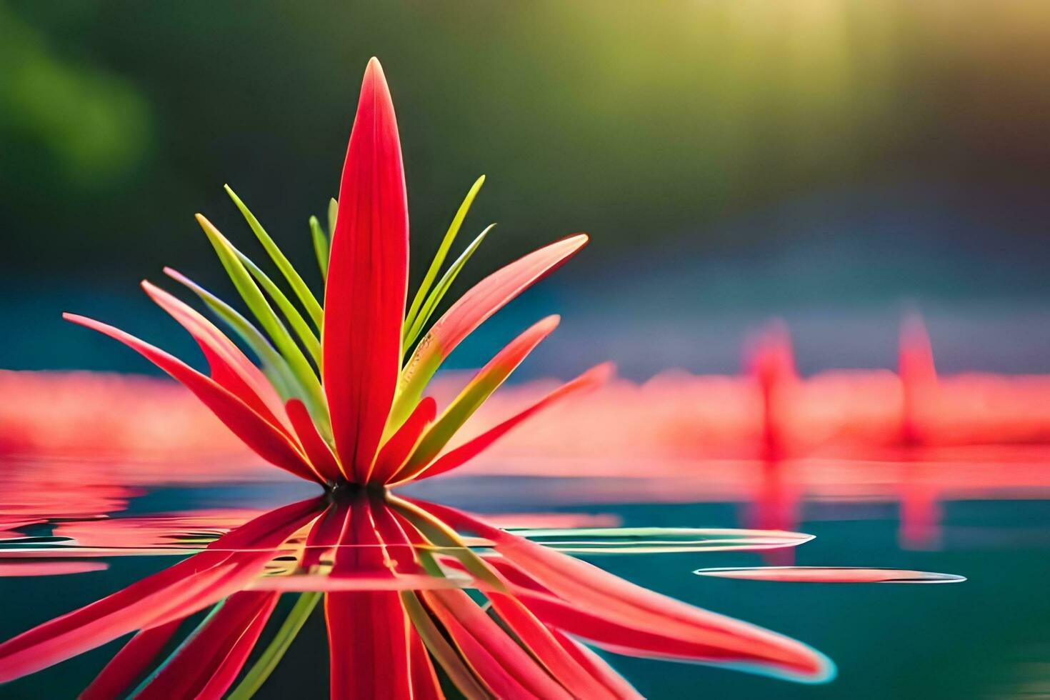 a red flower is reflected in the water. AI-Generated photo