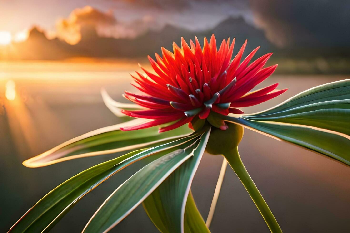 a red flower is in front of the sun. AI-Generated photo