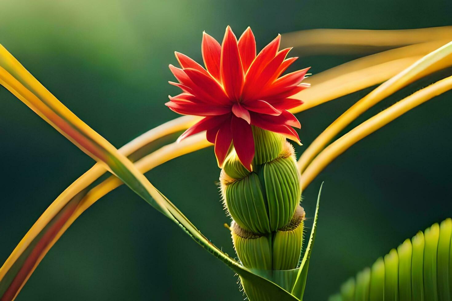 a red flower is growing on a plant. AI-Generated photo