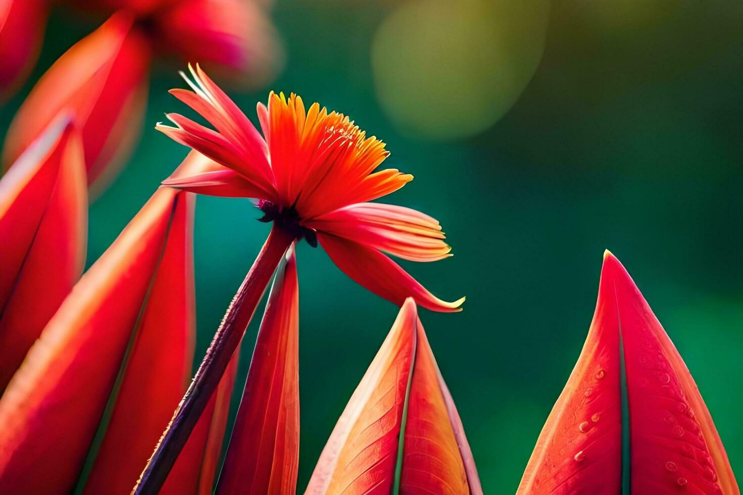 a red flower is standing in front of some green leaves. AI-Generated photo