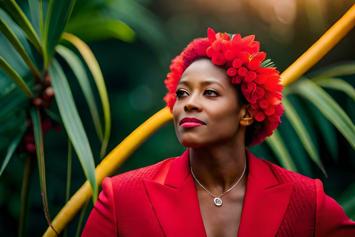 un mujer en un rojo traje y flor corona. generado por ai foto