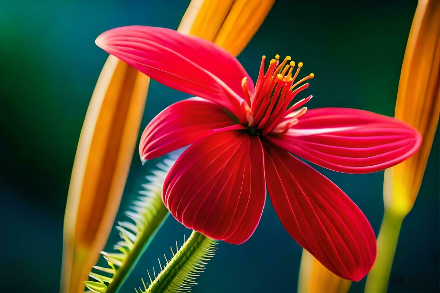 a red flower is in the foreground of a green background. AI-Generated photo