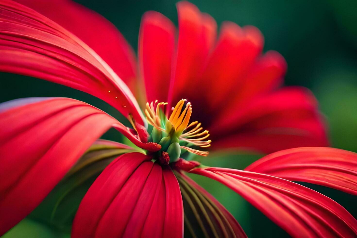 a close up of a red flower with green leaves. AI-Generated photo