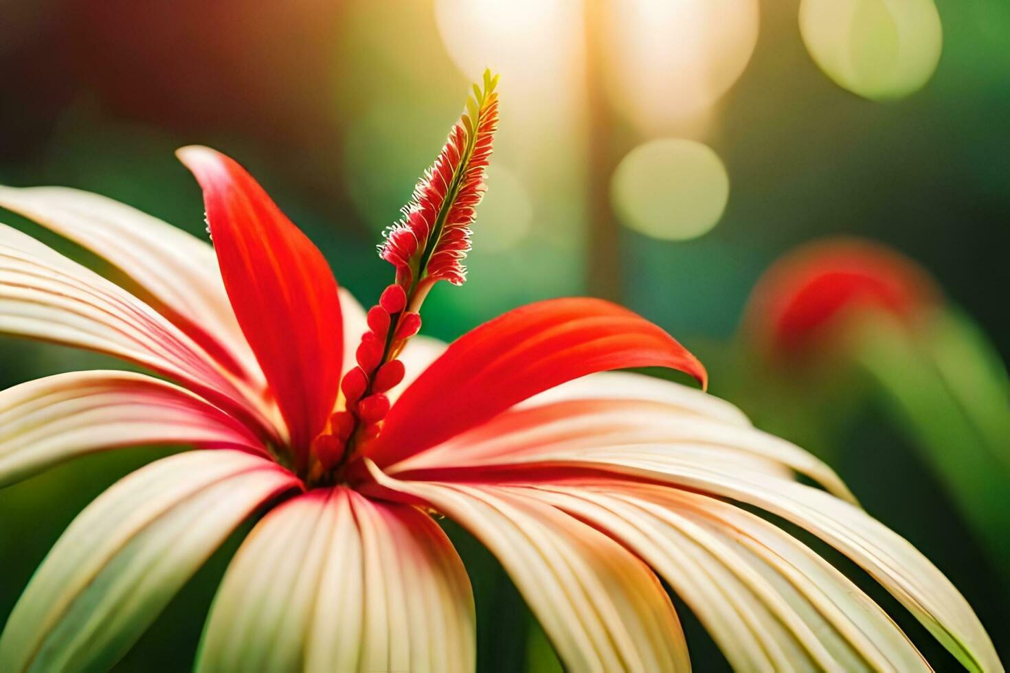 a red and white flower with a sun shining through. AI-Generated photo