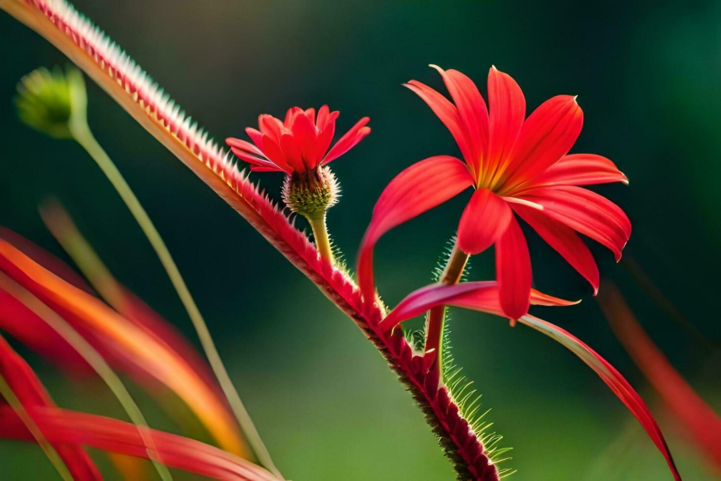 red flowers on a plant with green background. AI-Generated photo