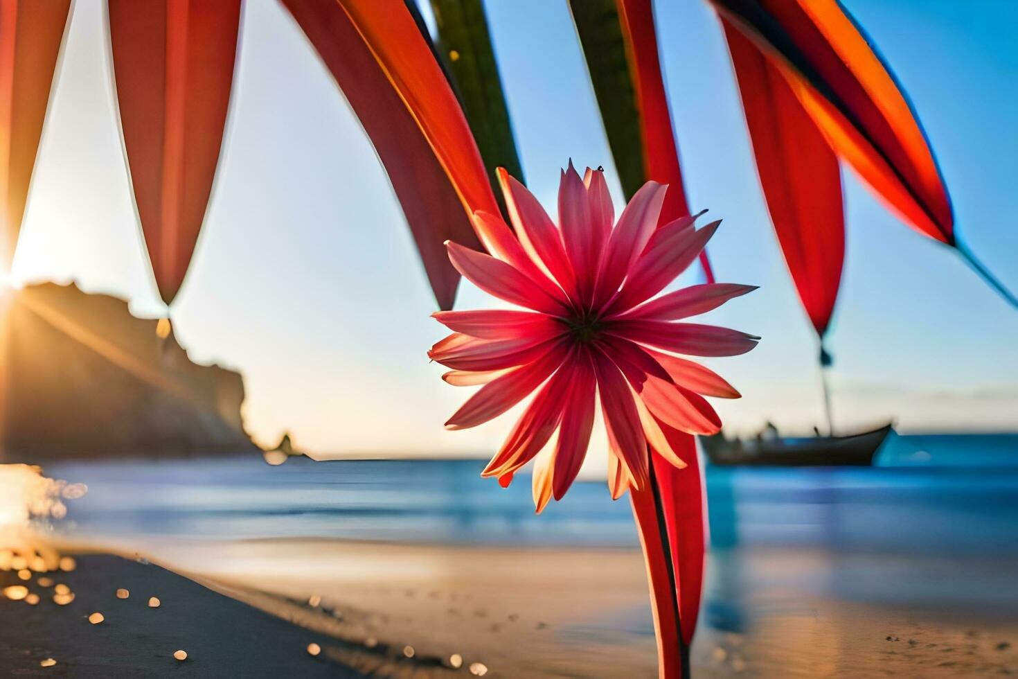 un flor es mostrado en el playa a puesta de sol. generado por ai foto