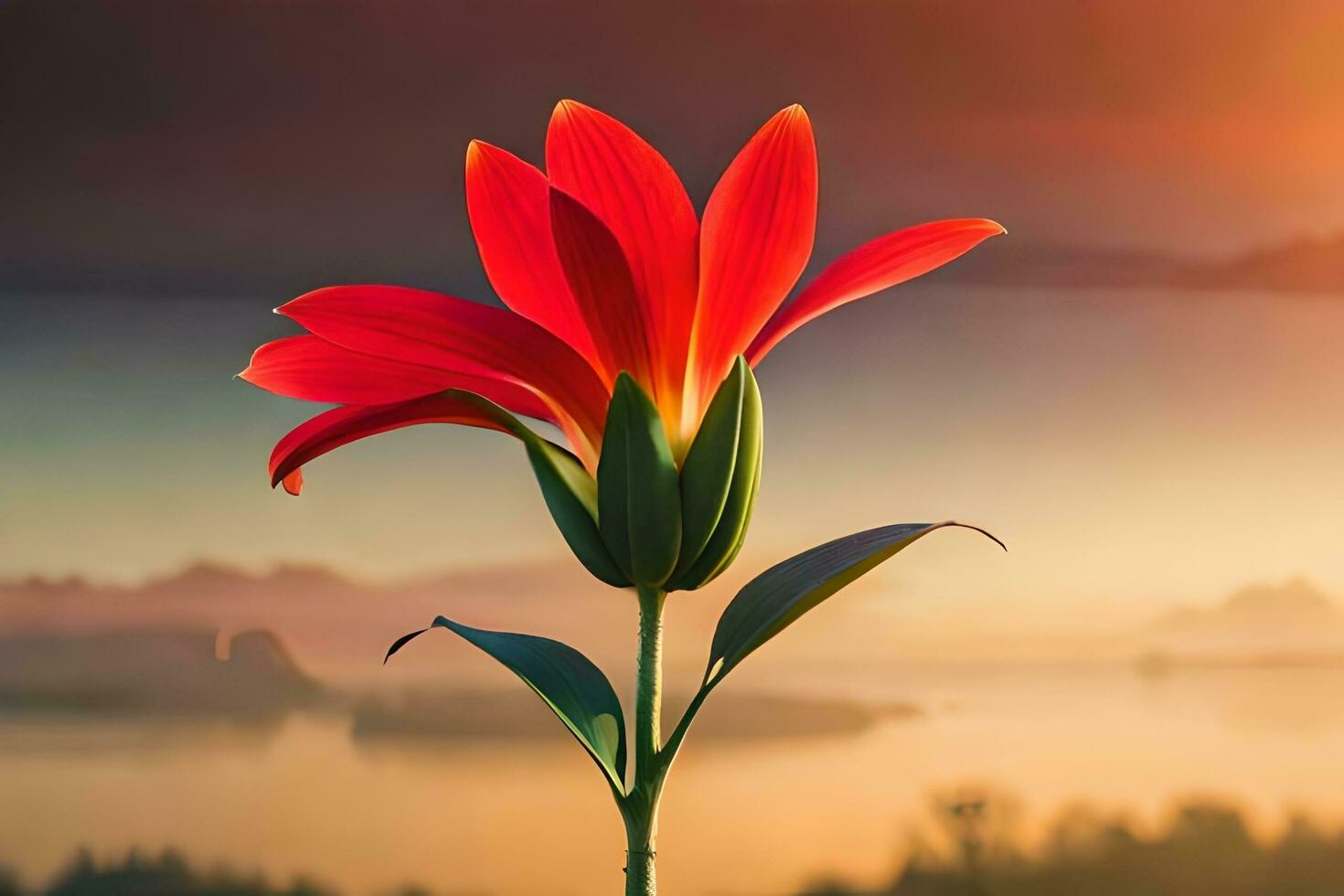 a red flower is standing in front of a lake. AI-Generated photo