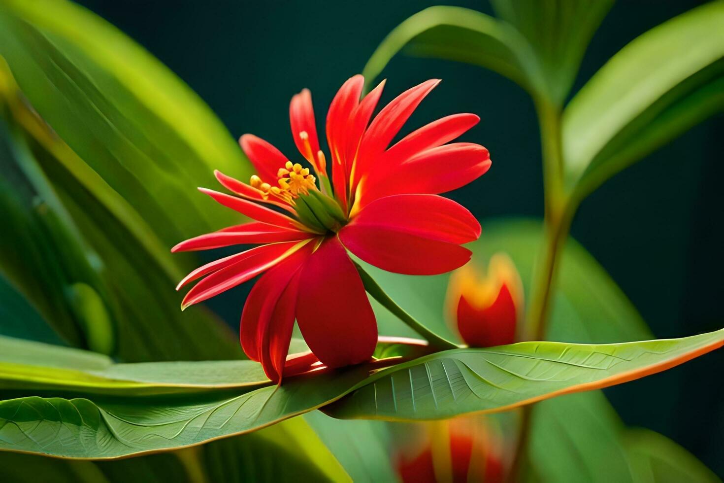 a red flower is on top of a green plant. AI-Generated photo