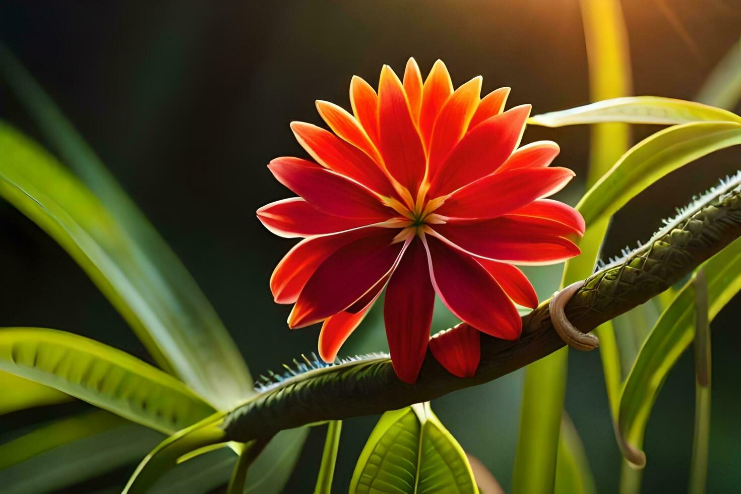 a red flower is on a branch with the sun shining. AI-Generated photo