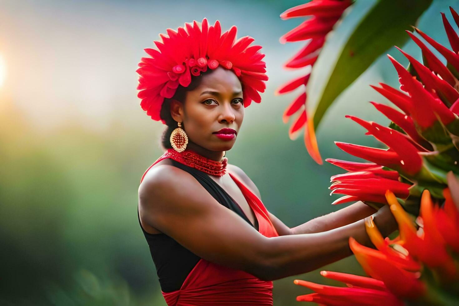 a woman in red dress and flower headdress. AI-Generated photo