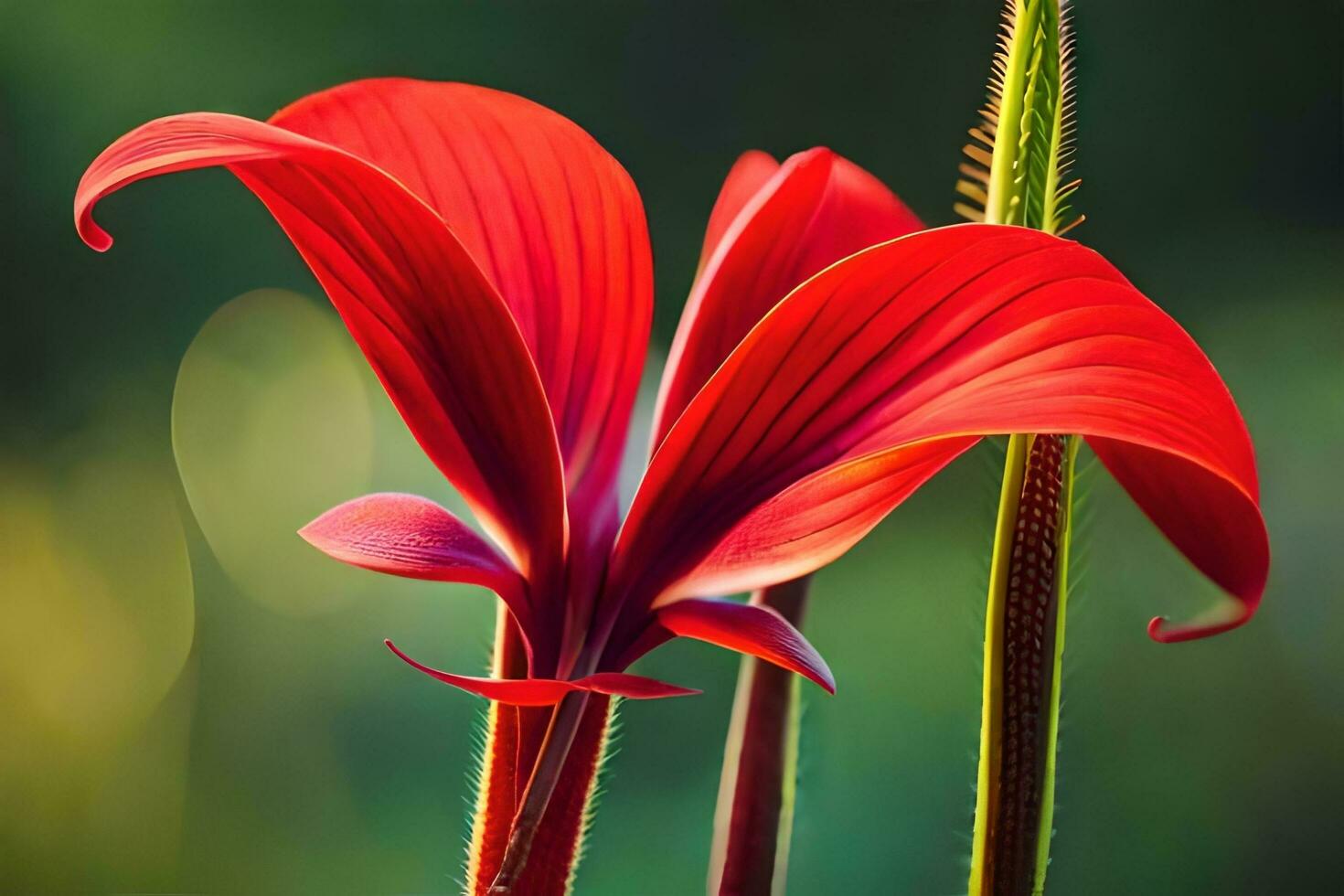 a red flower is shown in front of a green background. AI-Generated photo