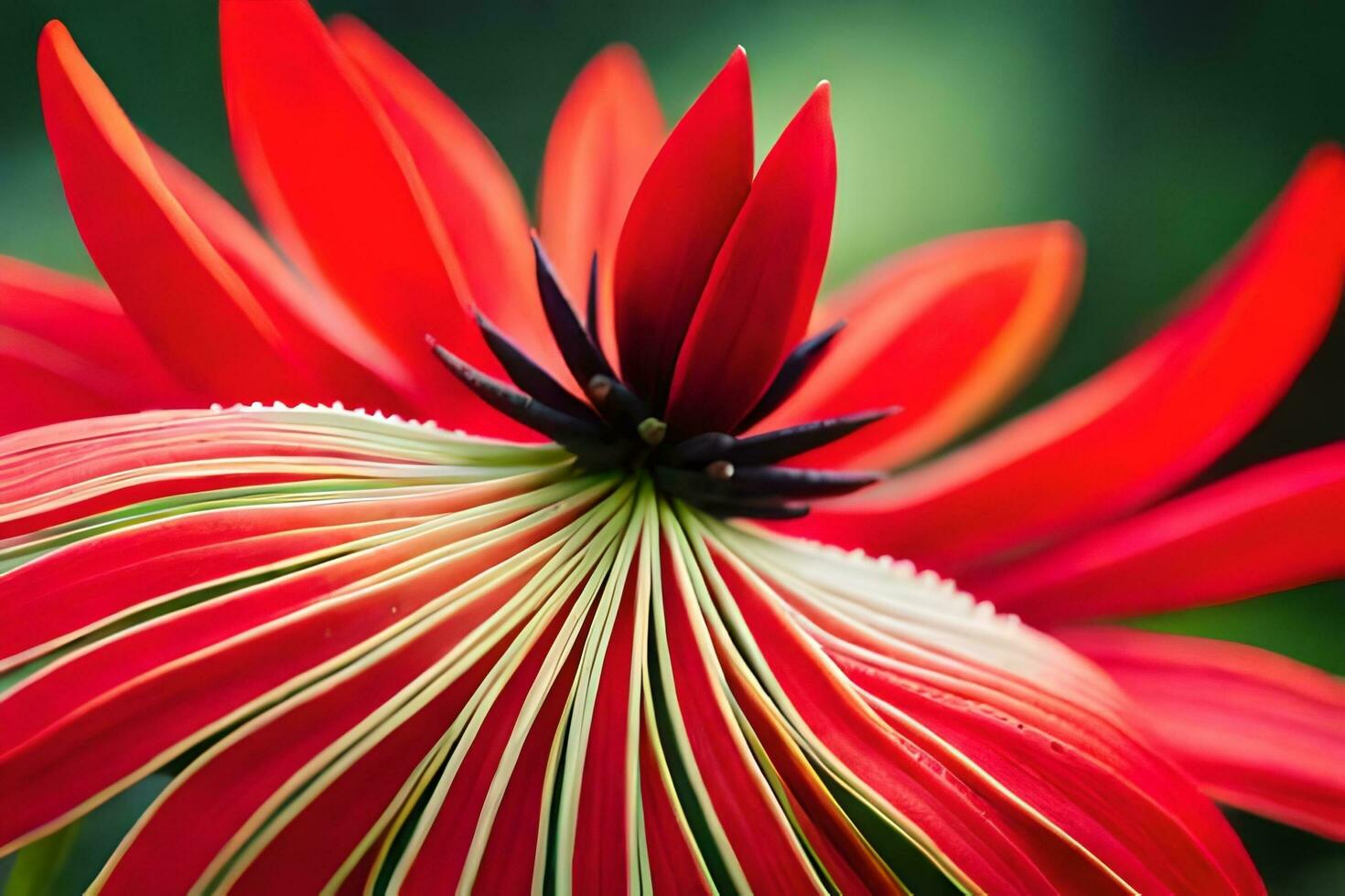 a close up of a red flower with green leaves. AI-Generated photo