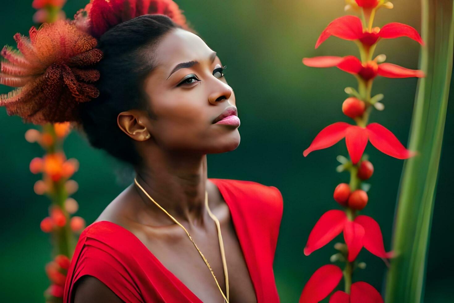 un hermosa mujer con rojo pelo y flores generado por ai foto