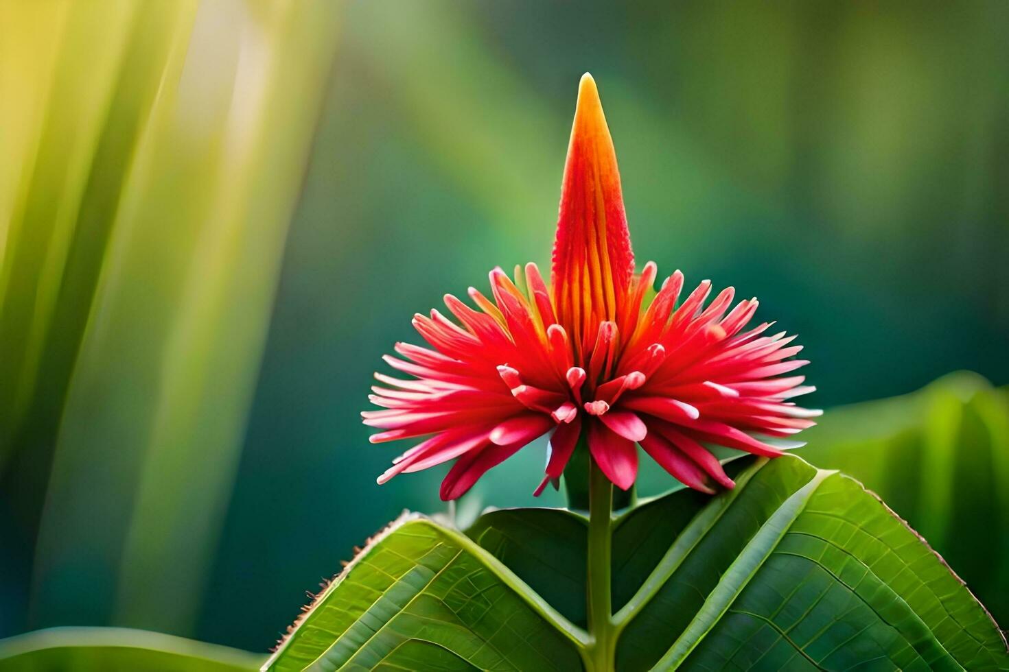 a red flower is standing on top of a green leaf. AI-Generated photo