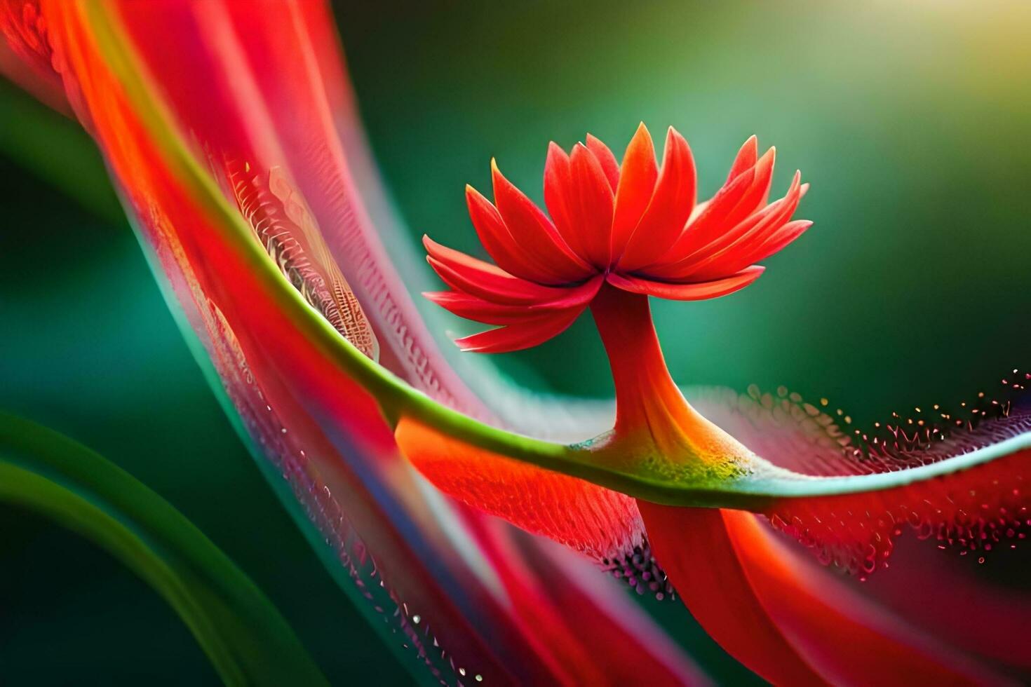 a red flower is sitting on top of a green plant. AI-Generated photo