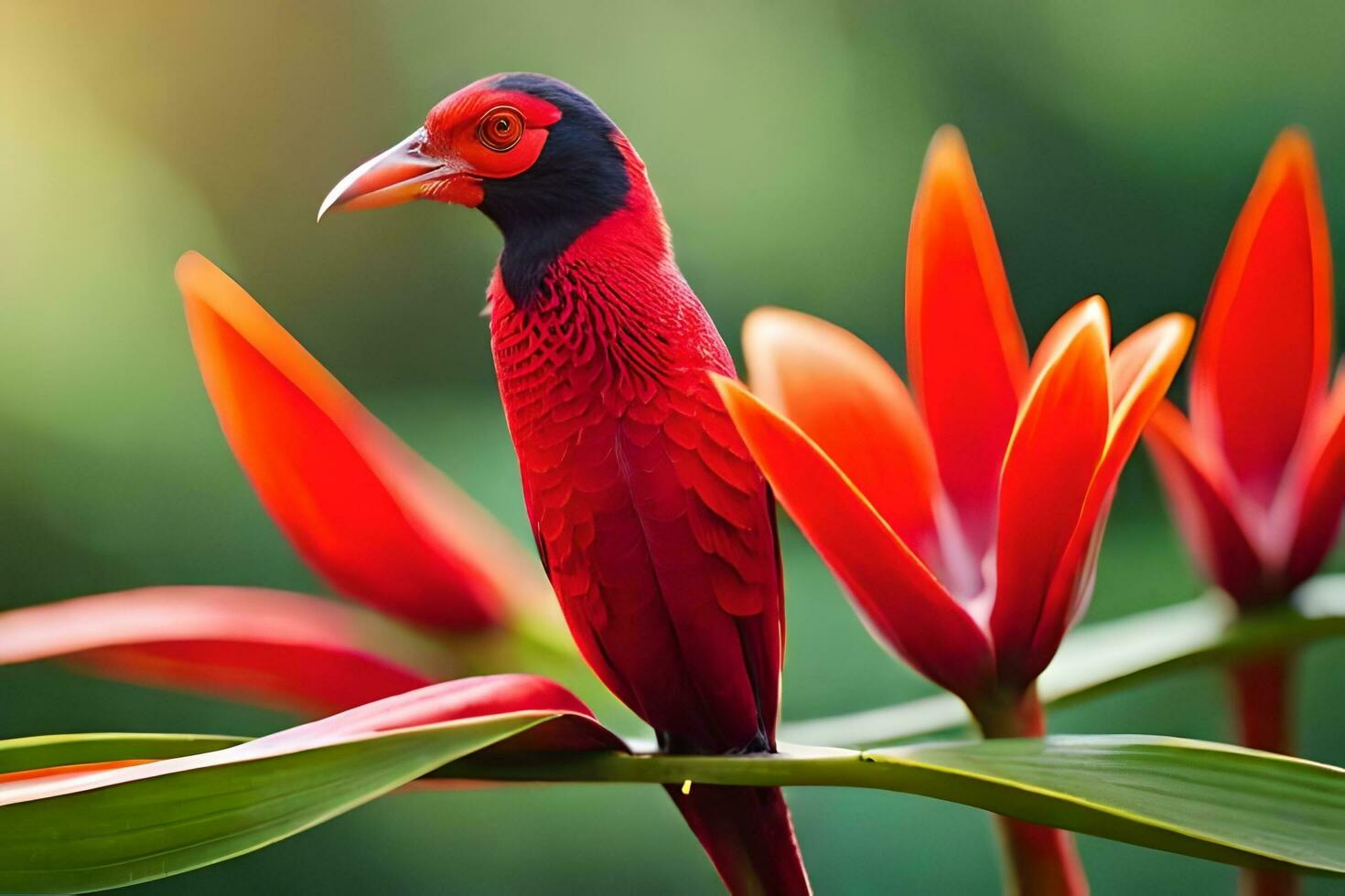 a red bird is perched on a plant. AI-Generated photo