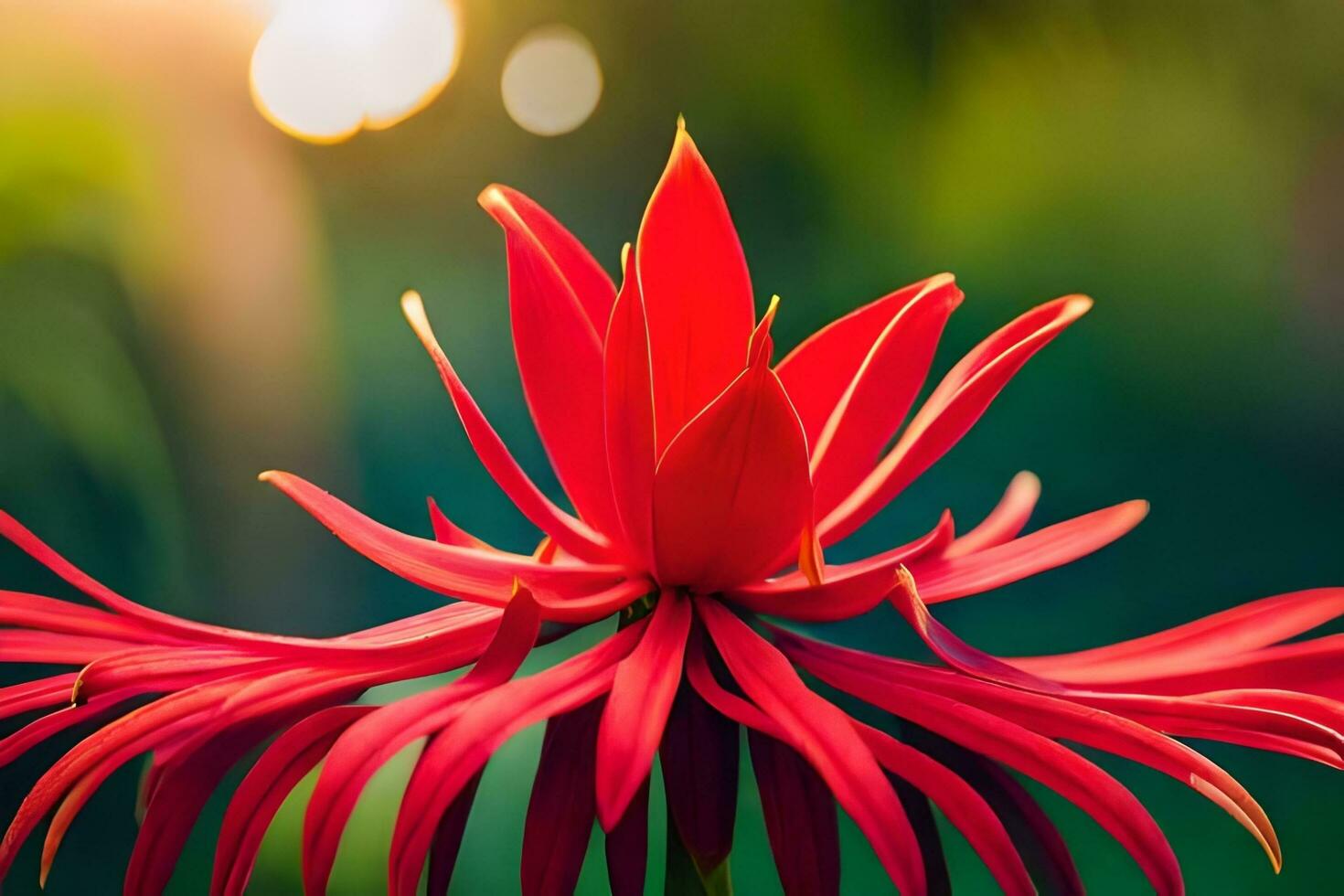 a red flower with bright sunlight shining through it. AI-Generated photo