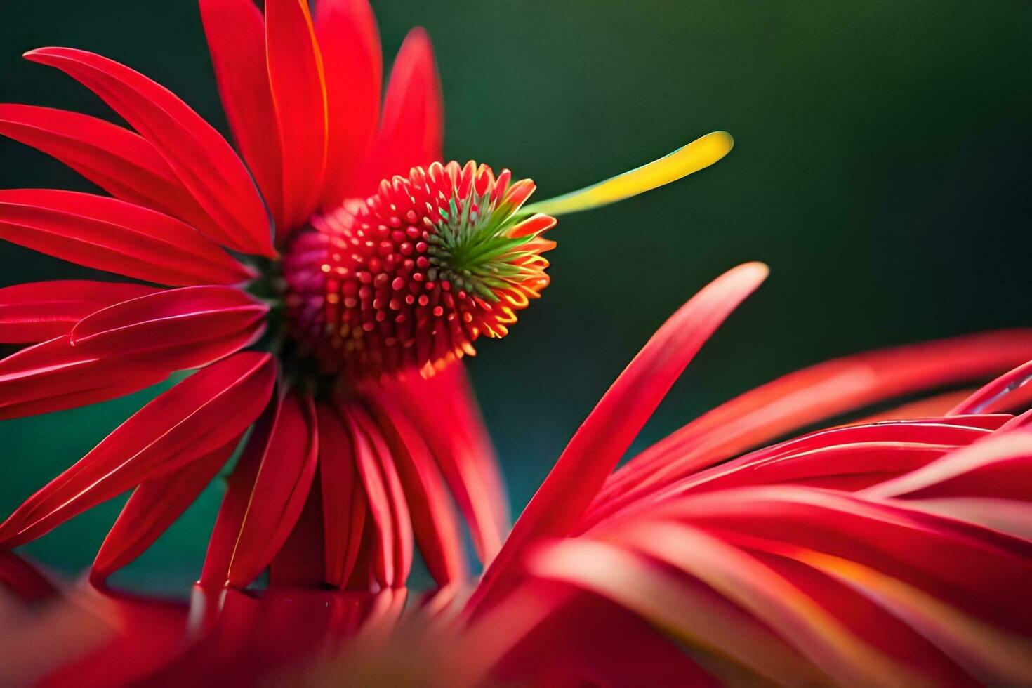 a red flower with green leaves and a green center. AI-Generated photo
