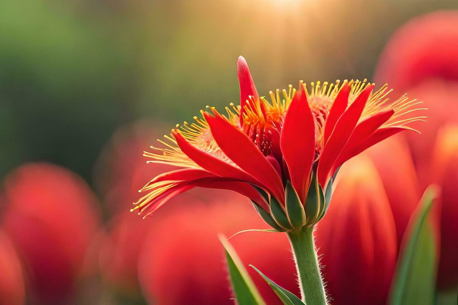 red flower with sun shining through it. AI-Generated photo