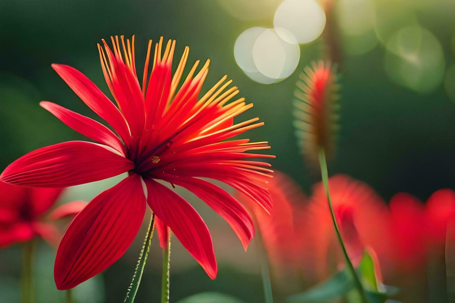 red flower on the grass with sunlight shining through. AI-Generated photo