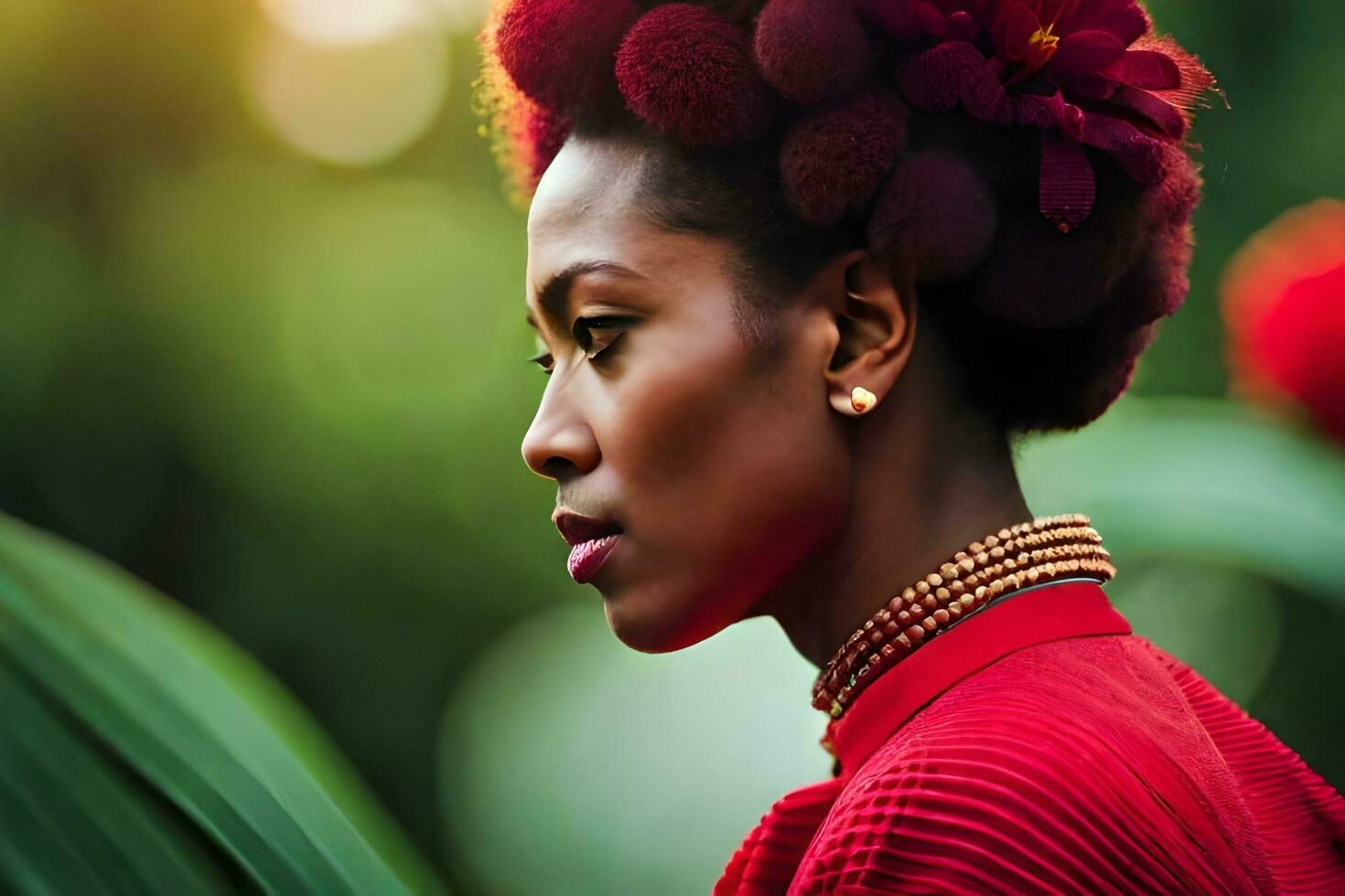 a woman with red hair and a flower in her hair. AI-Generated photo
