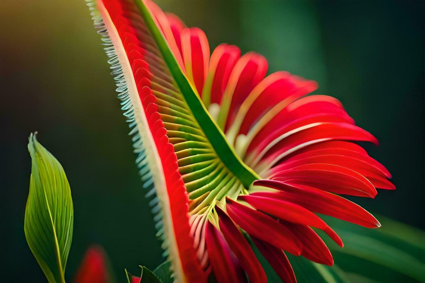 a close up of a red flower with green leaves. AI-Generated photo