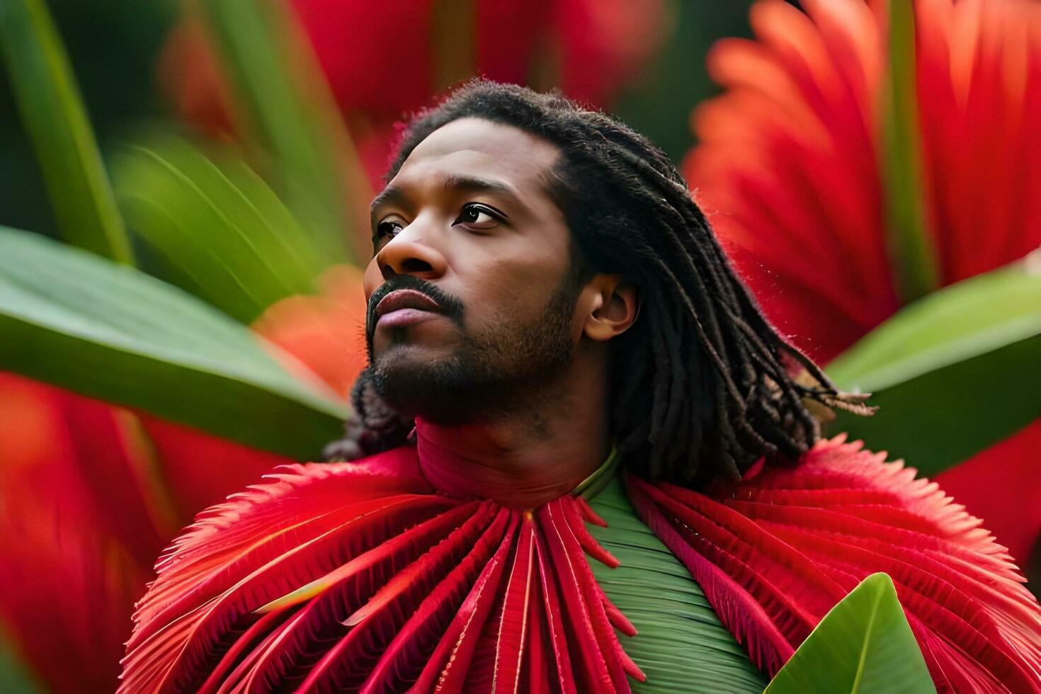 un hombre con rastas y un rojo vestido. generado por ai foto