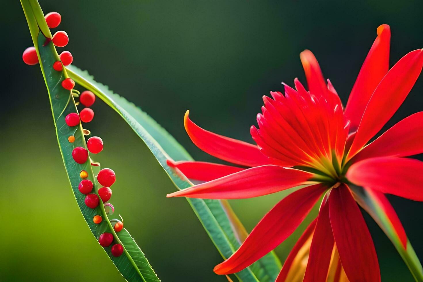 red flower and green leaves with red berries. AI-Generated photo