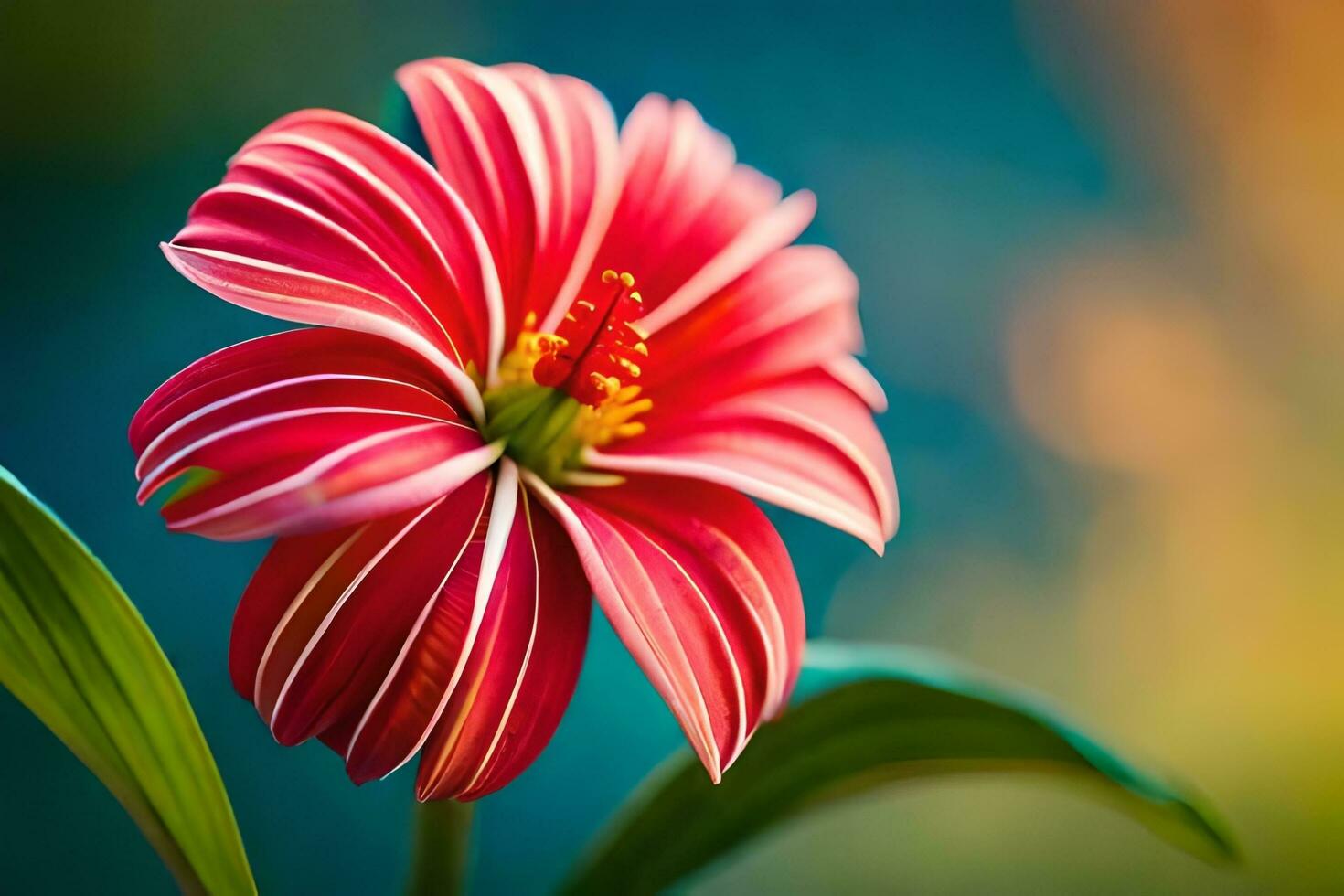 a red flower with a green stem in front of a blurred background. AI-Generated photo