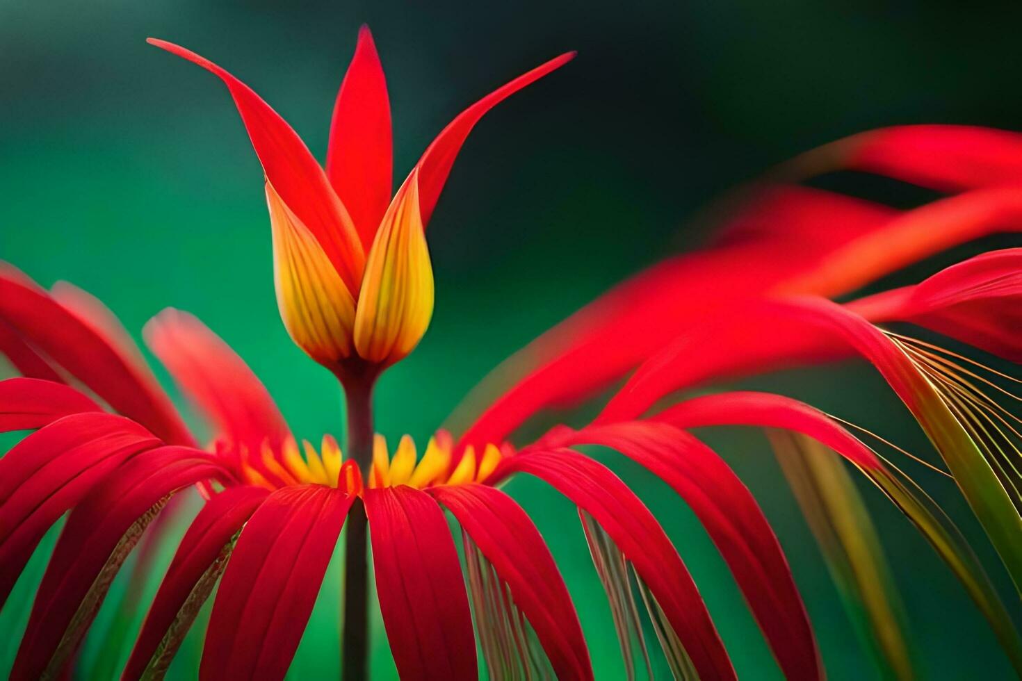 a red flower with yellow and green leaves. AI-Generated photo