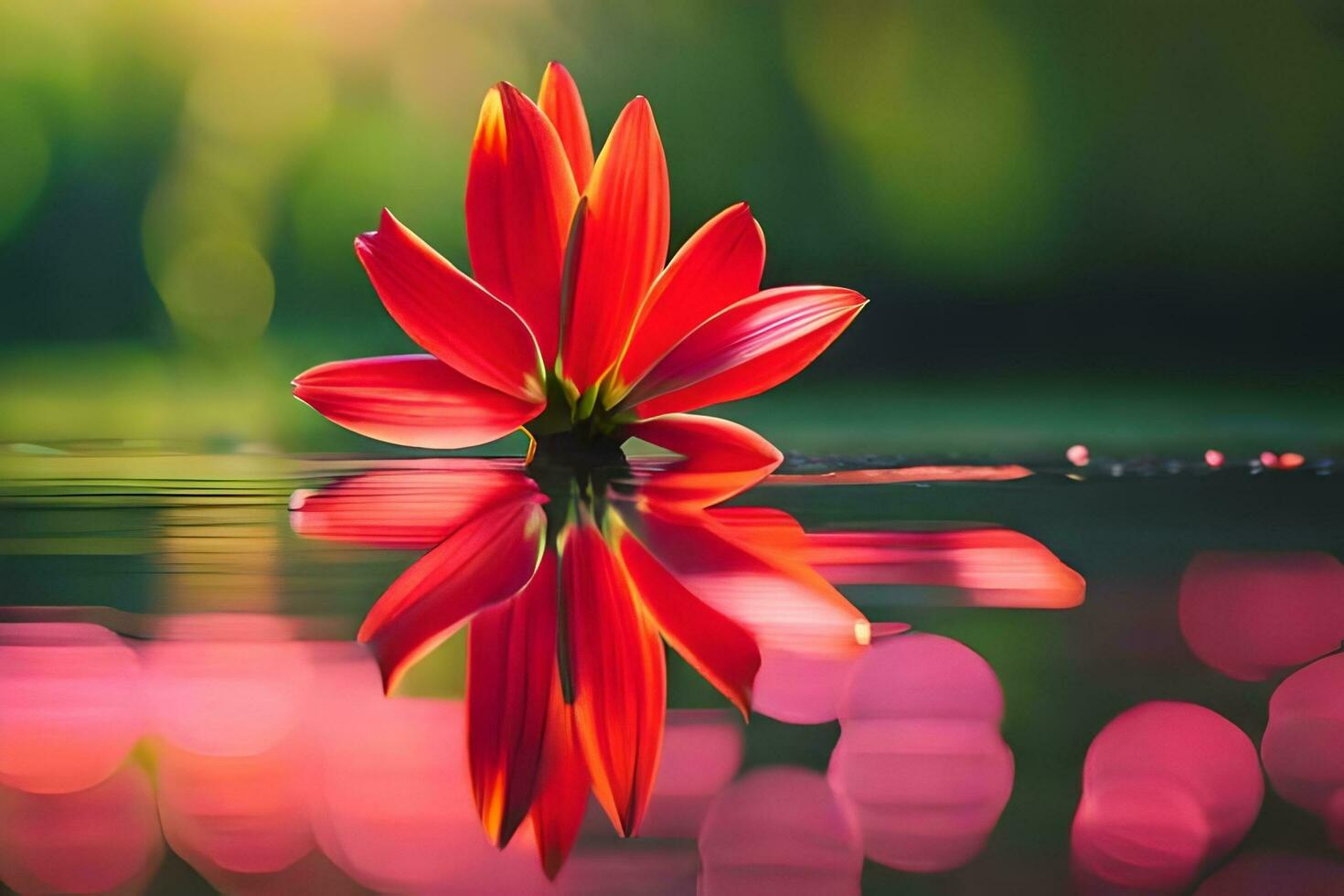 a red flower is reflected in the water. AI-Generated photo