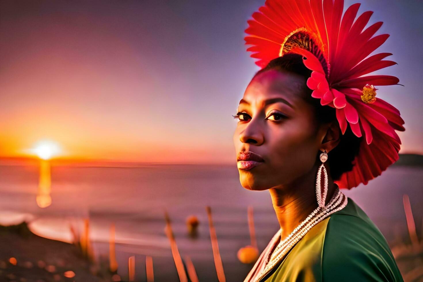 a woman with a red flower in her hair stands in front of the ocean. AI-Generated photo