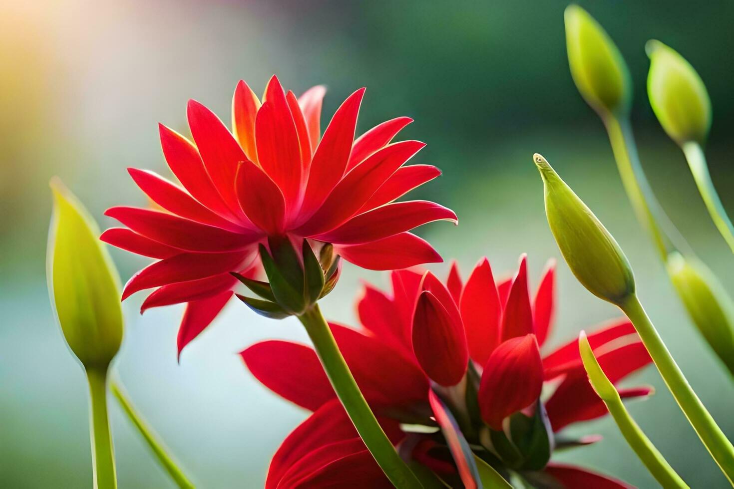 red flowers in the sunlight with green leaves. AI-Generated photo