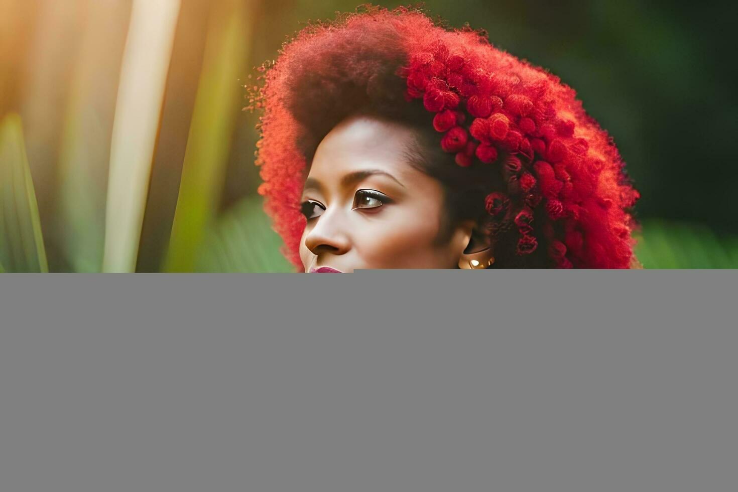 un mujer con rojo pelo y pendientes. generado por ai foto