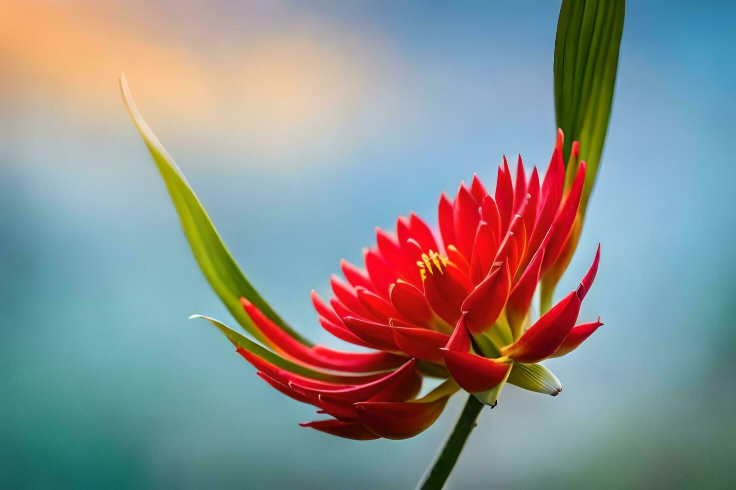 a red flower with a green stem in front of a blue sky. AI-Generated photo