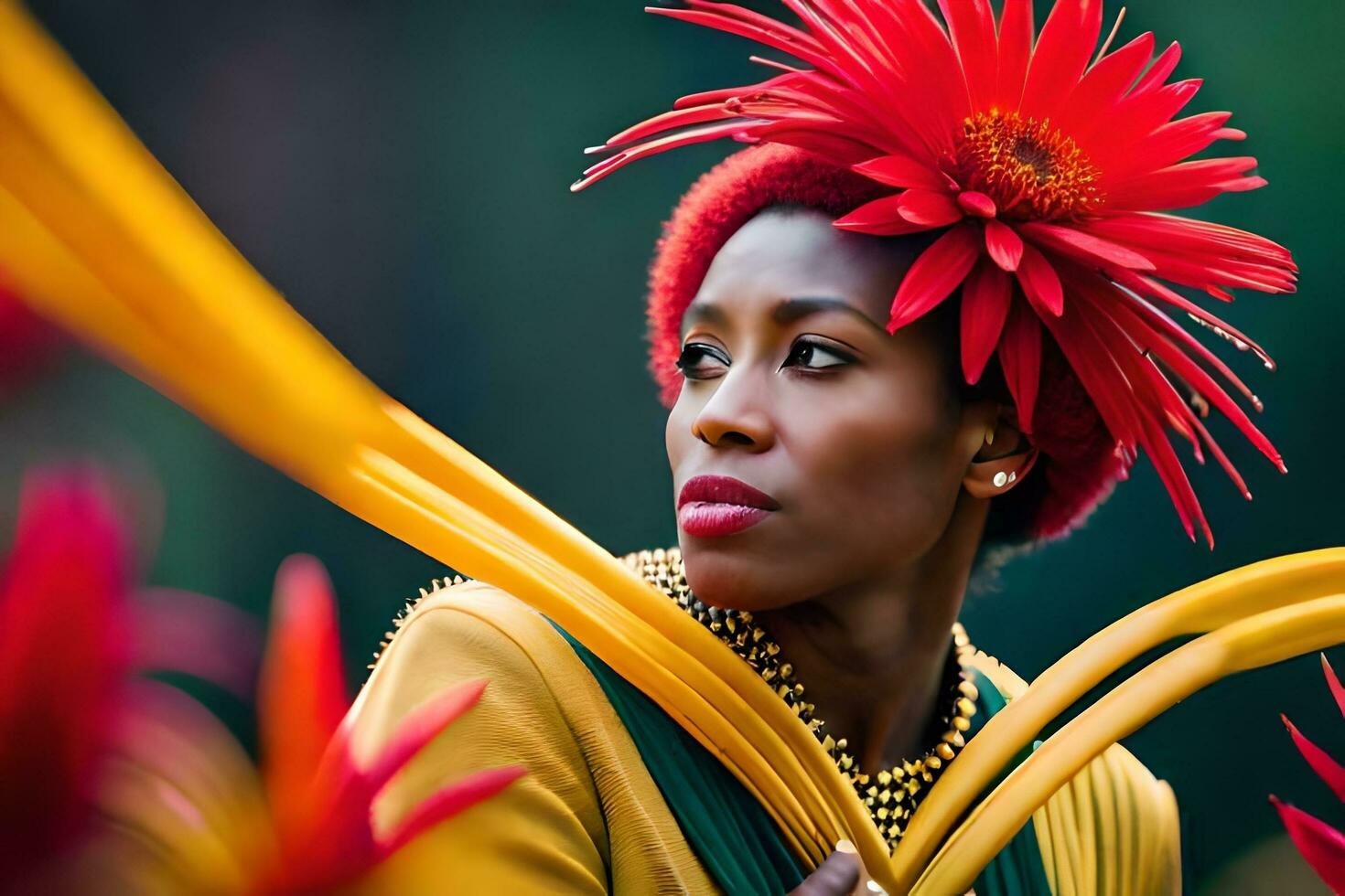 a woman with a red flower in her hair. AI-Generated photo