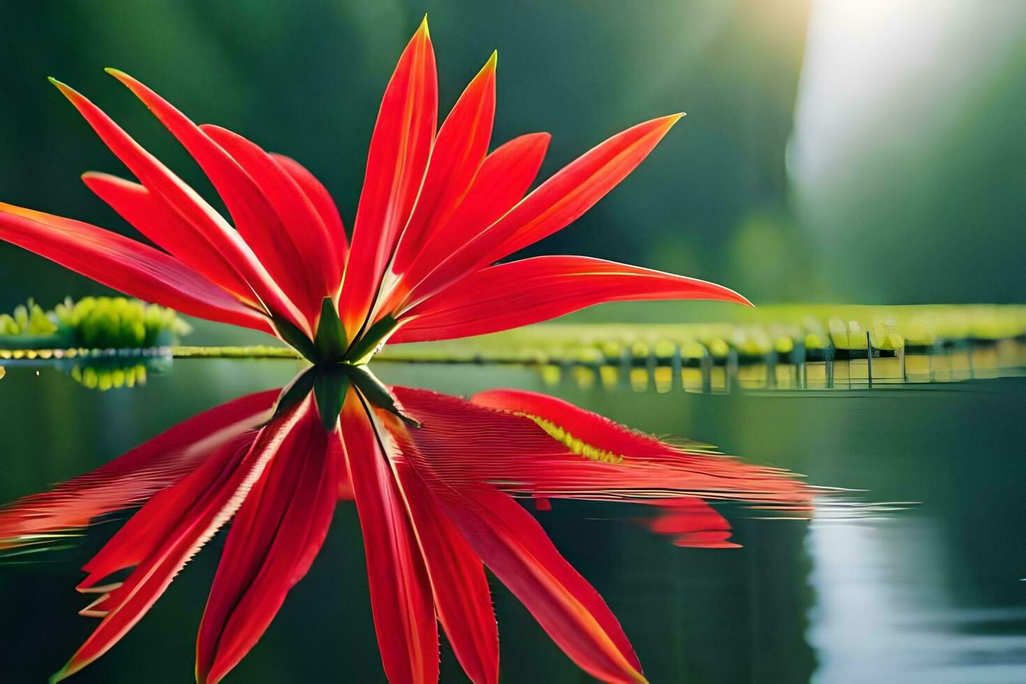 red flower in water with reflection. AI-Generated photo