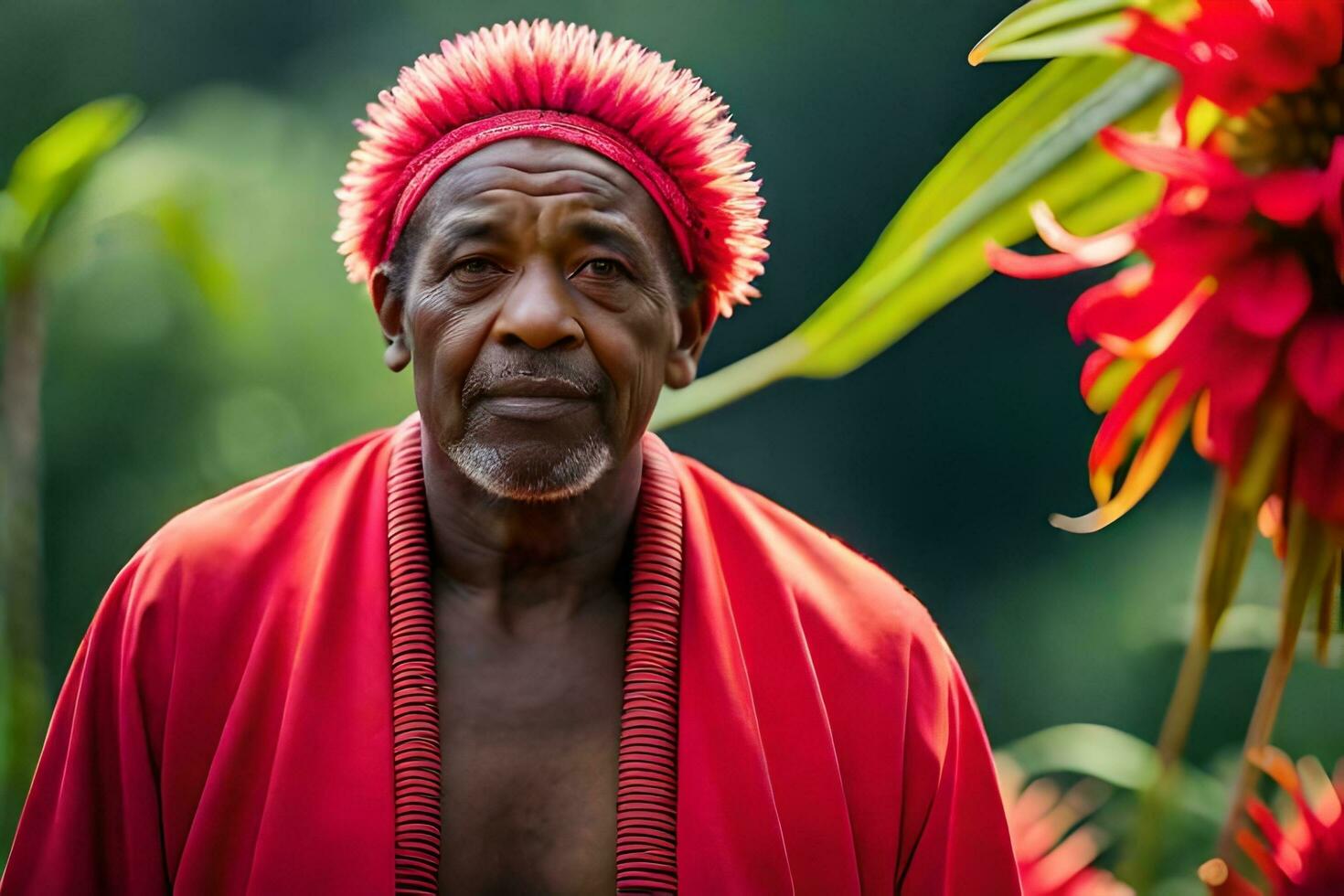 an african man in a red robe stands in front of some flowers. AI-Generated photo