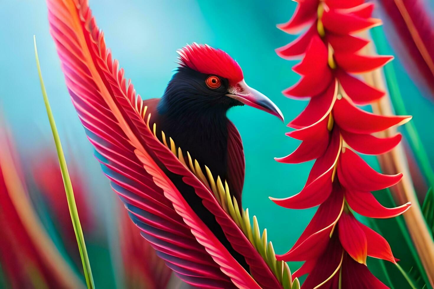 a bird with red feathers sitting on a plant. AI-Generated photo