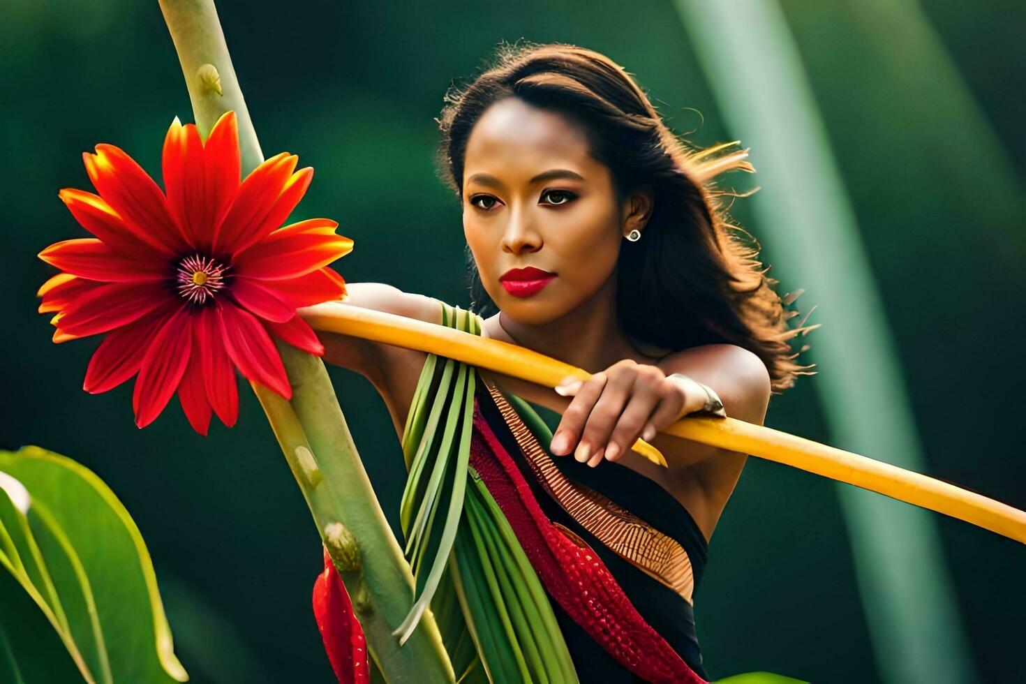 a beautiful woman holding a red flower in her hand. AI-Generated photo