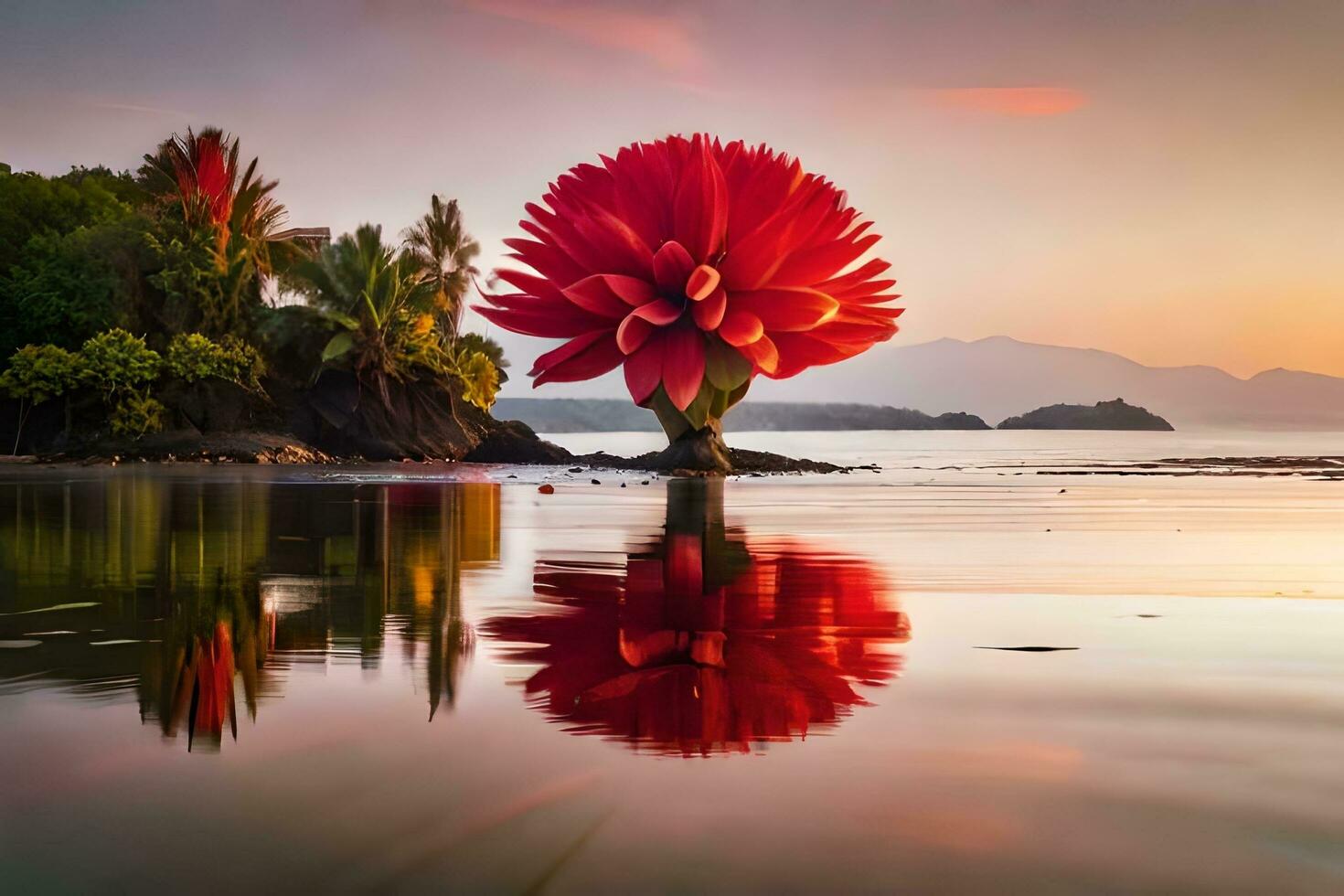 un rojo flor es reflejado en el agua a puesta de sol. generado por ai foto