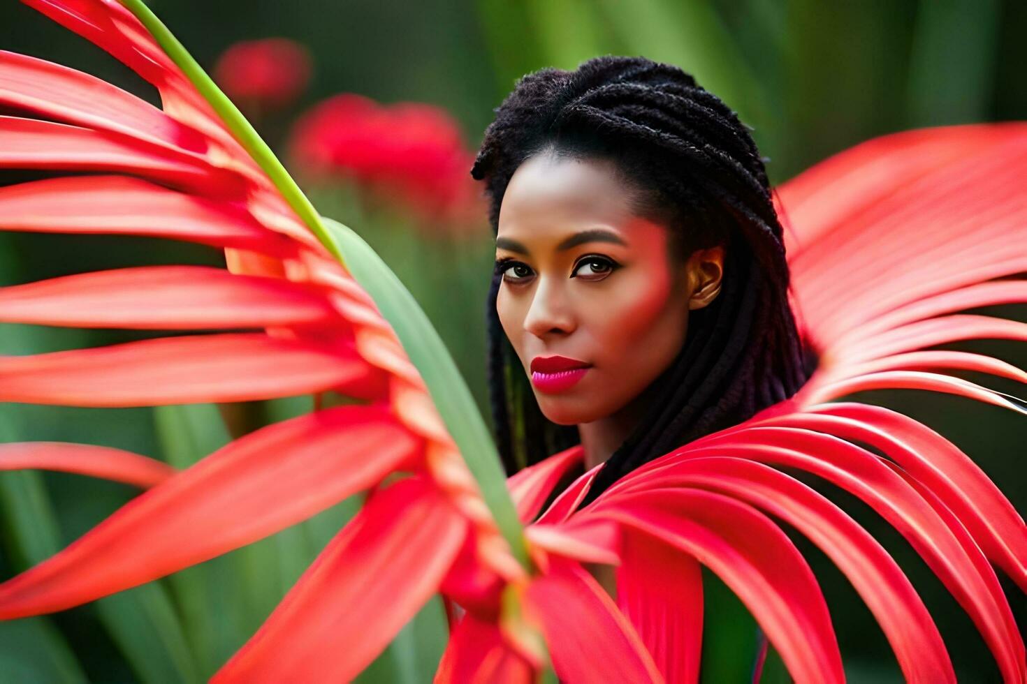 a beautiful woman with red hair and long dreadlocks is posing in front of a large red flower. AI-Generated photo
