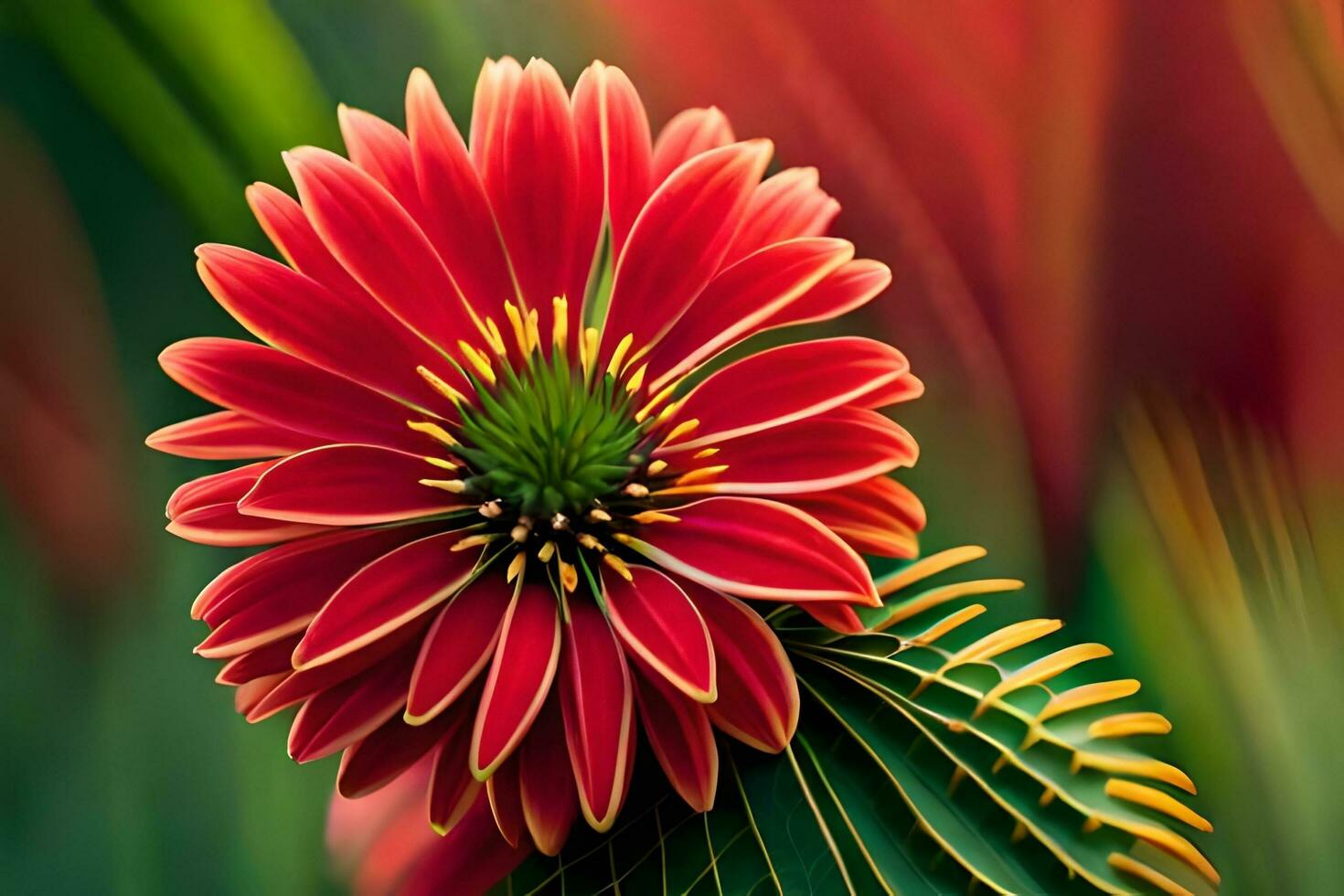a red flower with green leaves in the background. AI-Generated photo