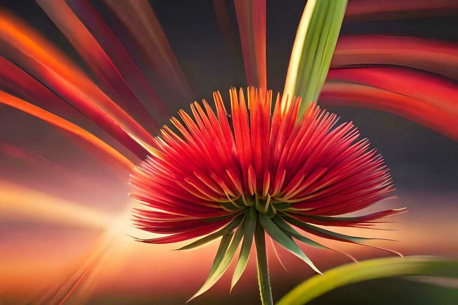 a red flower with a long stem and bright sun. AI-Generated photo