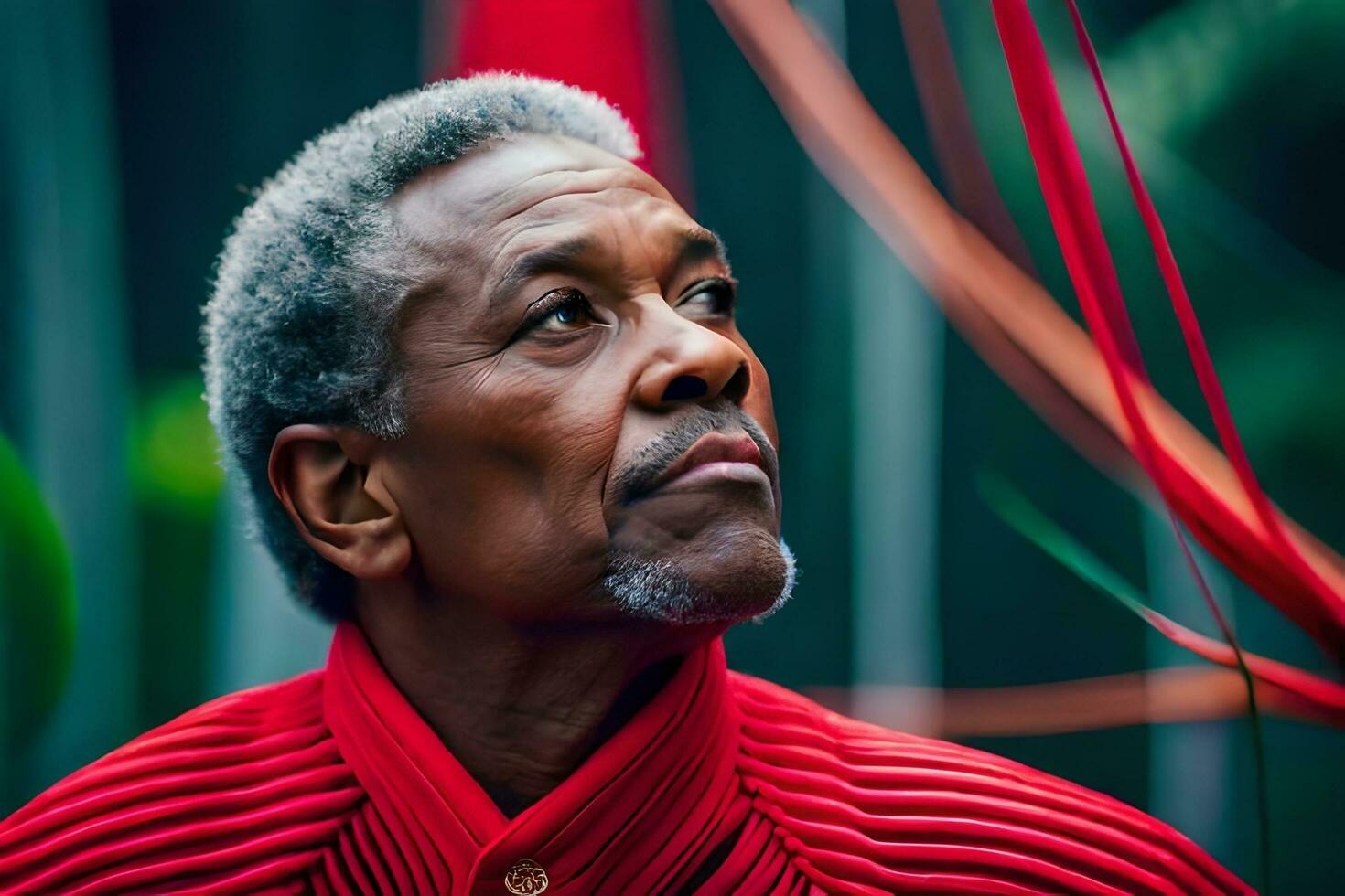 an older man in a red shirt looking up. AI-Generated photo